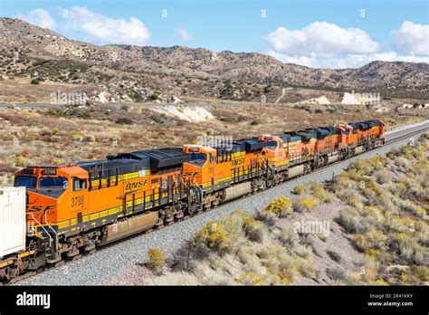 BNSF Railway train freight train at Cajon Pass near Los Angeles, USA ...