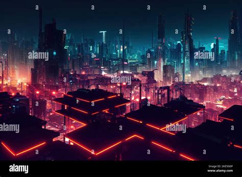 Cyberpunk Futuristic City Panorama Future Fiction With Neon Signs And