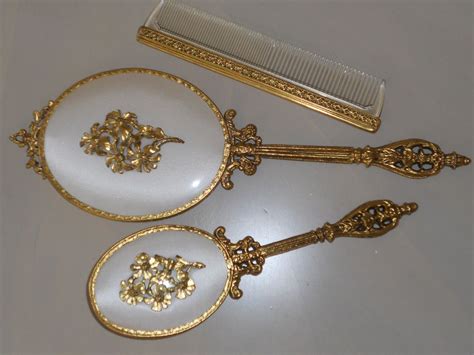 Vintage 24kt Gp Globe Mirror Brush Comb Dresser Set Lovely Old Time