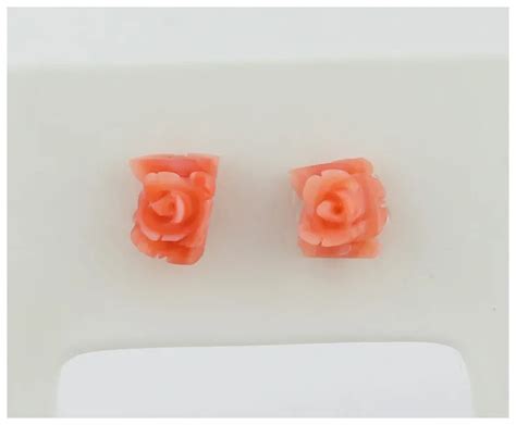 14k Yellow Gold Angel Skin Coral Carved Flower Earrings Stud Post