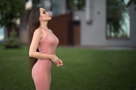 Women Brunette Women Outdoors Long Hair Smoky Eyes Tight Dress Closed