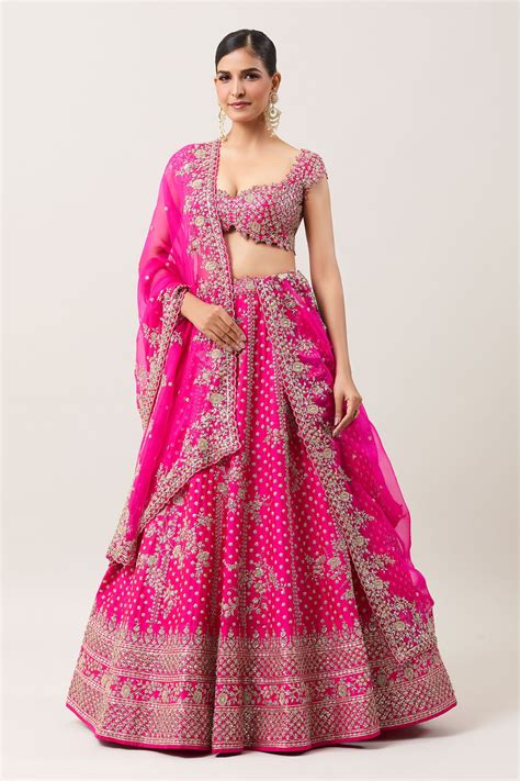 Buy Pink Raw Silk Embroidery Zardozi Nyomaa Gullista Bridal Lehenga Set