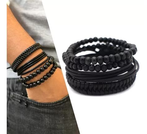 Combo Pulseiras Masculinas Couro Contas Regul Vel C Escorrega O Pre O