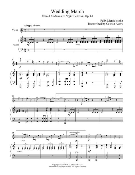 Wedding March By Felix Mendelssohn Sheet Music For Violin And Piano At