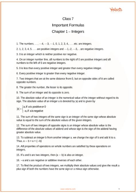 CBSE Class 7 Maths Chapter 1 Integers Formulas