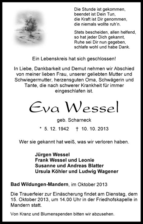 Traueranzeigen Von Eva Wessel Trauer Hna De