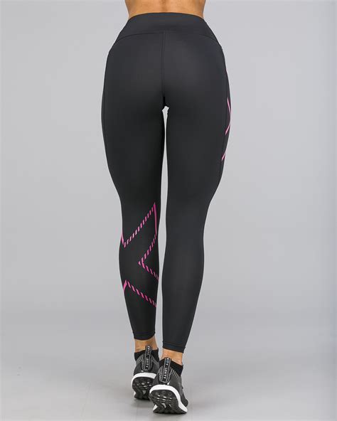 Xu Bonded Mid Rise Compression Tights Black Fracture Fuschia