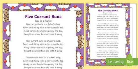 Five Currant Buns Nursery Rhyme Sheet