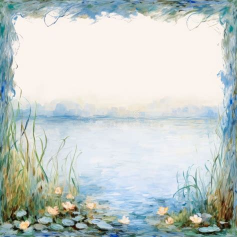 A Painting Of A Lake With Water Lilies And Grass Stock Illustration