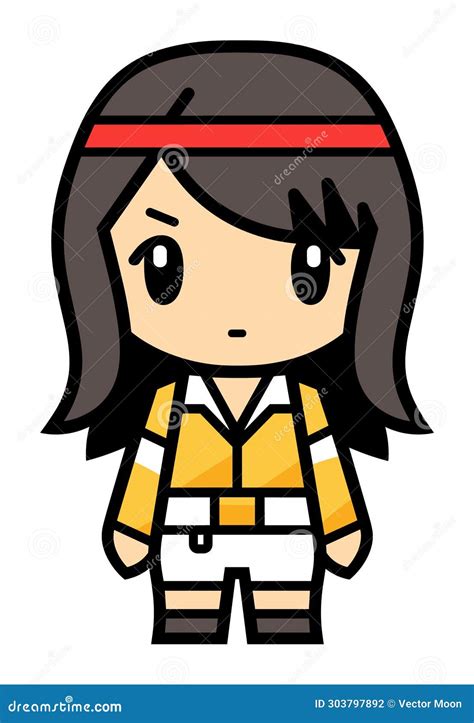 Young Female Cartoon Character With Black Hair Red Headband Yellow