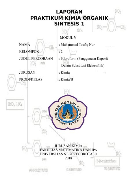 Laporan Organik Sintesis Kloroform Laporan Praktikum Kimia Organik Sintesis 1 Modul V Nama