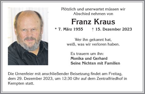 Traueranzeigen Von Franz Kraus Allg Uer Zeitung