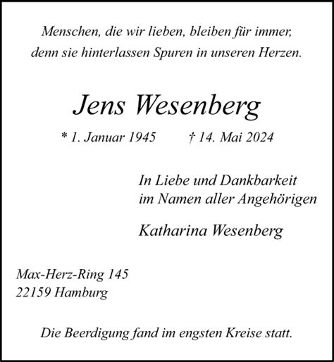 Traueranzeigen Von Jens Wesenberg HamburgerTRAUER De