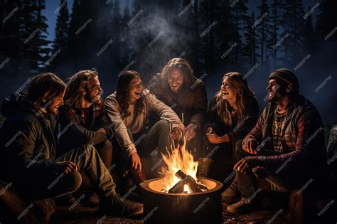 Premium Photo A Group Of People Sitting Around A Fire Pit