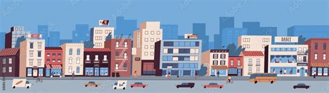 Colorful Cityscape With Buildings Facades Transport On The Road And