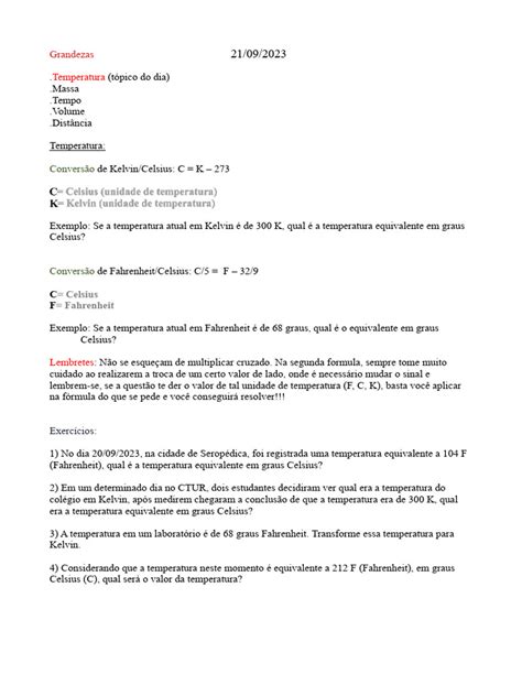 Exercicios Conversão De Temperatura - Exercícios de Conversão de Temperatura | PDF