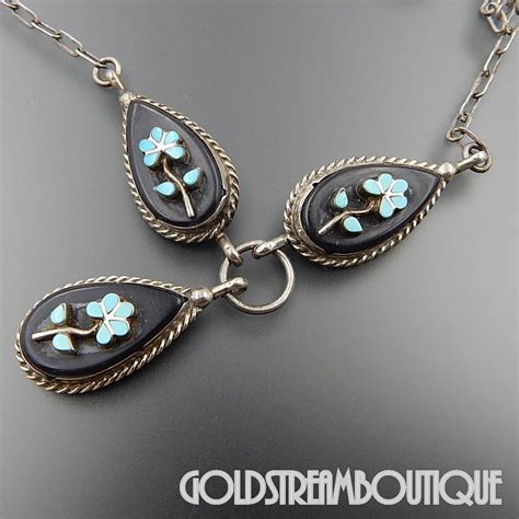 Vintage Zuni Signed Rl Sterling Silver Jet Turquoise Inlay Floral