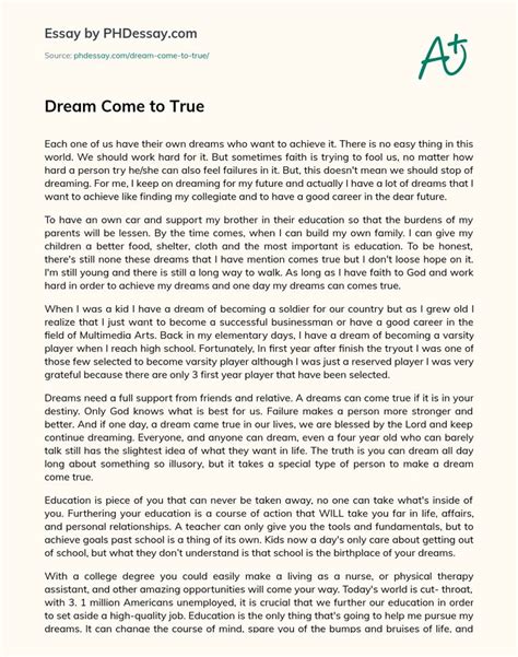 Dream Come To True Summary And Creative Essay Words Phdessay