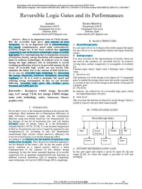 Reversible Logic Gates and Its Performances | PDF | Logic Gate | Cmos