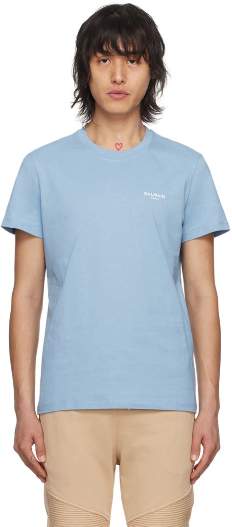 Balmain T Shirt Bleu à Logo Floqué Ssense France