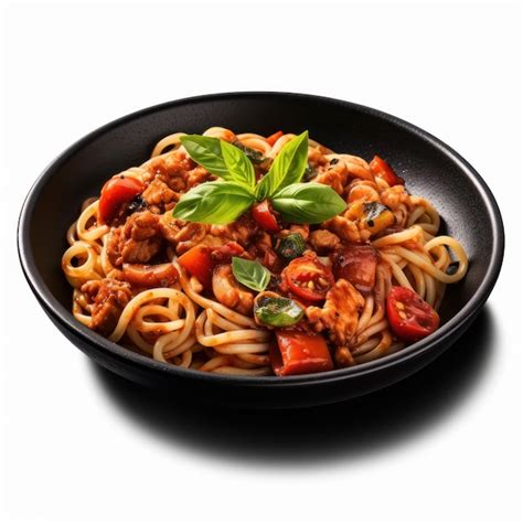 Premium Ai Image Spaghetti Bolognese With Basil In Black Bowl