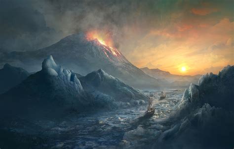 Wallpaper Landscape Nature Fantasy Art Artwork Ship Volcano