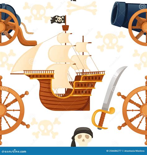 Seamless Pattern Of Pirate Theme With Ship Skull And Weapon Vector