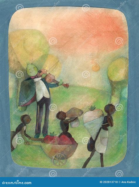 Cricket Playing Violin While Ants Carrying Fruits Stock Illustration Illustration Of Fairytale