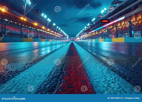 Asphalt Racing Track Finish Line And Illuminated Race Sport Stadium At