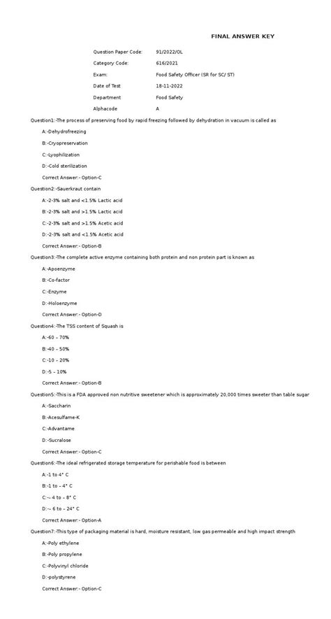 KPSC Food Safety Officer Exam 2022 Code 912022OL Food Safety Officer