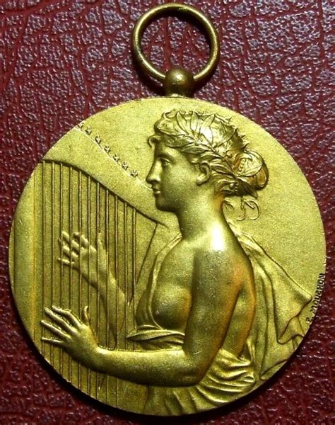 ART NOUVEAU MUSIC Naked Woman Playing Lyre Gold Plated Reward Medal MOUCHON
