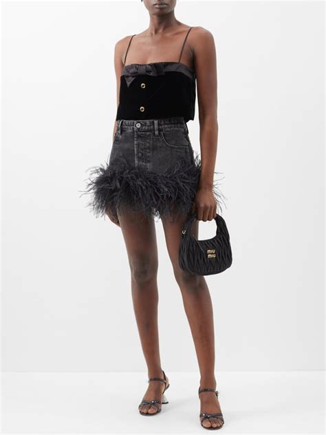 Black Feather Trim Denim Mini Skirt Miu Miu MATCHES UK