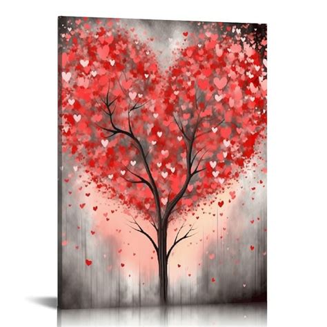 Creowell Modern Abstract Tree Wall Art Red Love Heart Tree With Floral