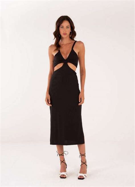 Vestido Slim Super Midi Com Aberturas De Malha Feminino Dimy Preto Dimy