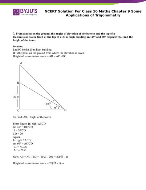 Ncert Solutions Class Maths Chapter Some Applications Of Trigonometry