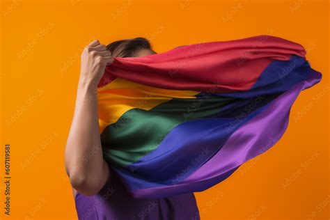 Expressive Generative AI Pride Photo Of A Lesbian Woman With Rainbow Flag Patterns Inclusive