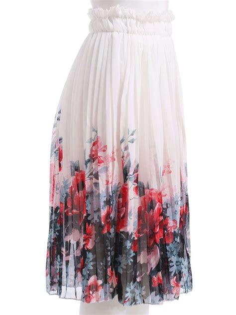 White Elastic Waist Floral Pleated Skirt Shein Sheinside