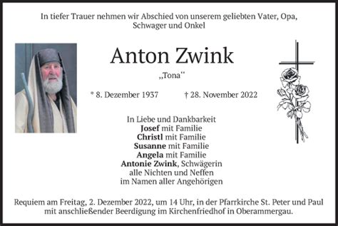 Traueranzeigen Von Anton Zwink Trauer Merkur De