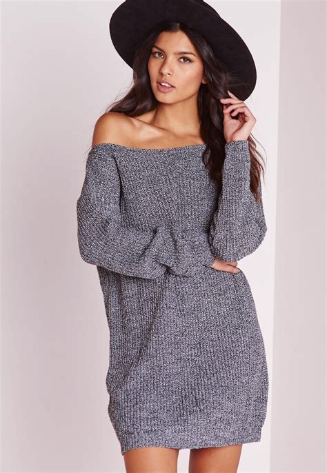 Missguided Off Shoulder Knitted Jumper Dress Grey Marl Women Dress