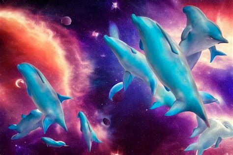 A Group Of Cosmic Dolphins Jumping Out Of A Ocean In Stable Diffusion