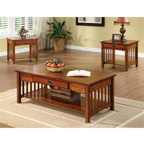 Seville Mission Style Oak Finish 3 Piece Coffee And End Table Set