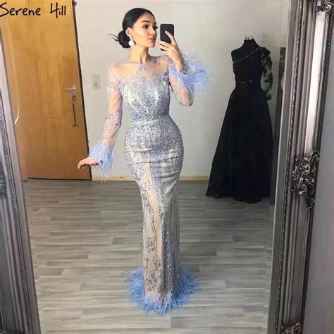 Blue Long Sleeve Feathers Beaded Evening Dresses Dubai Elegant Mermaid