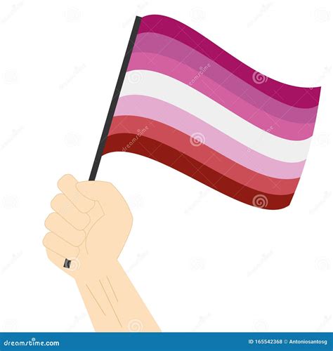 Hand Holding And Raising Lesbian Pride Flag Isolated On White