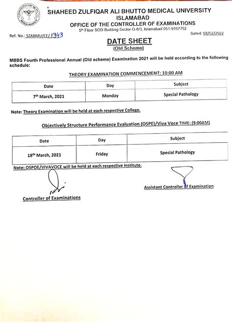 Szabmu Mbbs 4th Prof Annual Exam 2021 Date Sheet 2022 Education To