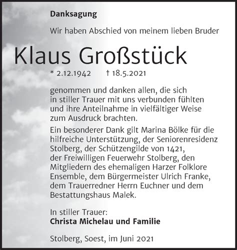 Traueranzeigen von Klaus Großstück abschied nehmen de