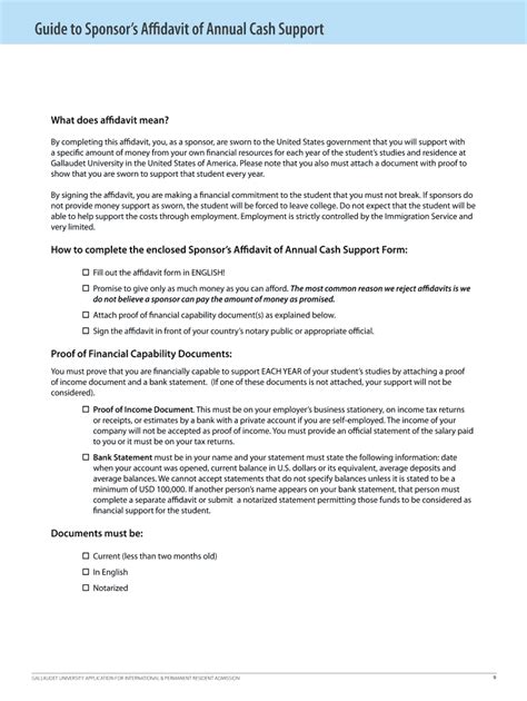 Fillable Online Admissions Gallaudet Guide To Sponsor S Affidavit Of