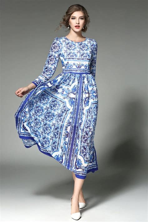 Long Sleeve Crew Neck Printed Fit And Flare Dress Maxi Dress Blue