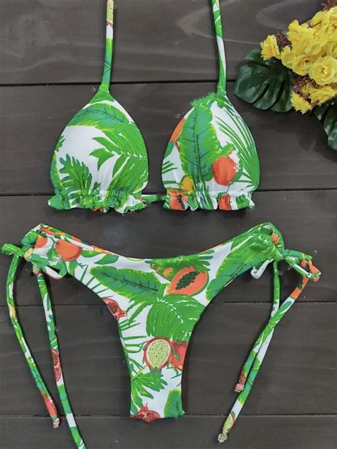 Tropical Print Halter Neck Bikini Swimwear Set On Luulla