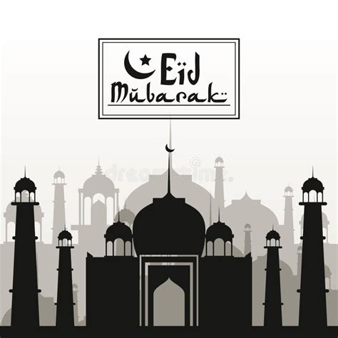 Fond Monochrome Avec La Silhouette Eid Mubarak Avec La Mosqu E Et Le