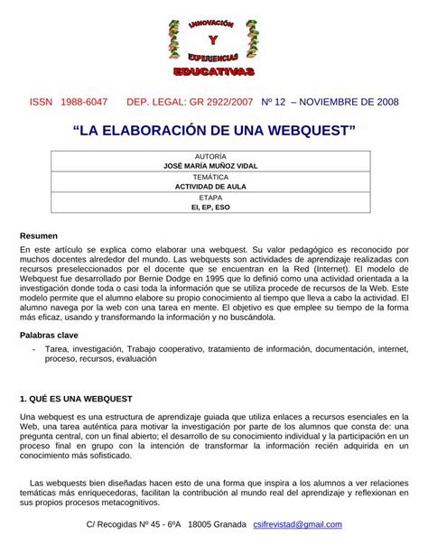 Pdf La Elaboraci N De Una Webquest Como Base El Boceto Para